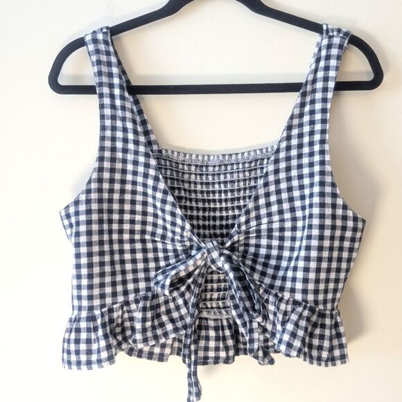 American Eagle Smocked Gingham Bow Tie Tank Top Size Large - Picture 3 of 6
